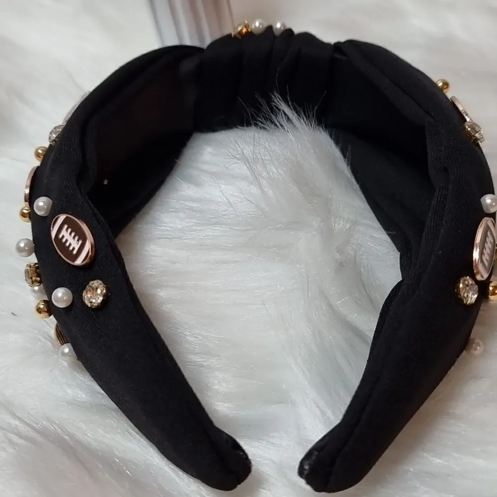FOOTBALL SPIRIT WIDE BLACK JEWELED HEADBAND